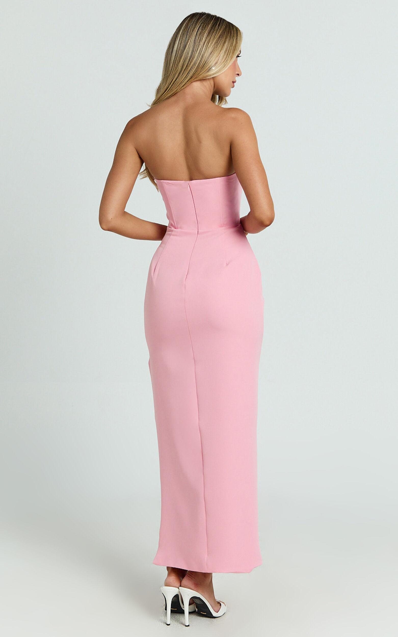 Avery Midi Dress - Strapless Draped Side Split Dress in Pink Product Image