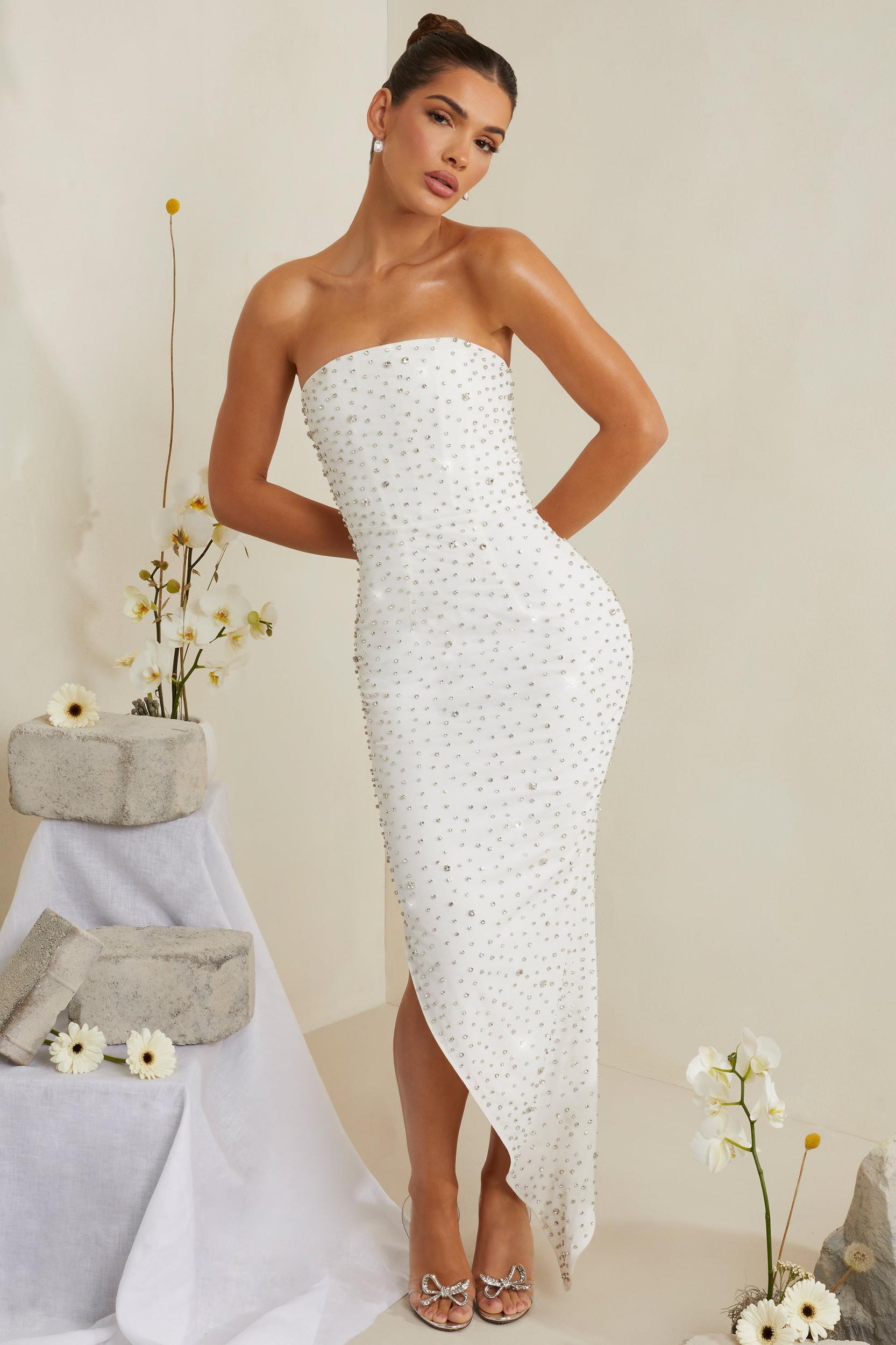 Hand Embellished Asymmetric Midi Dress in White Product Image