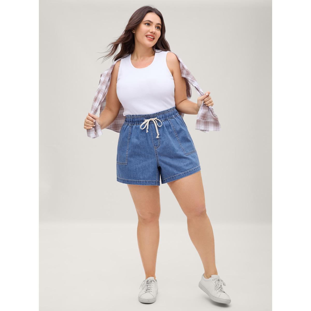 Plus Size Cotton Stretchy Waist Drawstring Classic Denim Shorts Women Midblue No stretch Casual Slanted pocket Leisure Denim Shorts BloomChic 18/2X Product Image