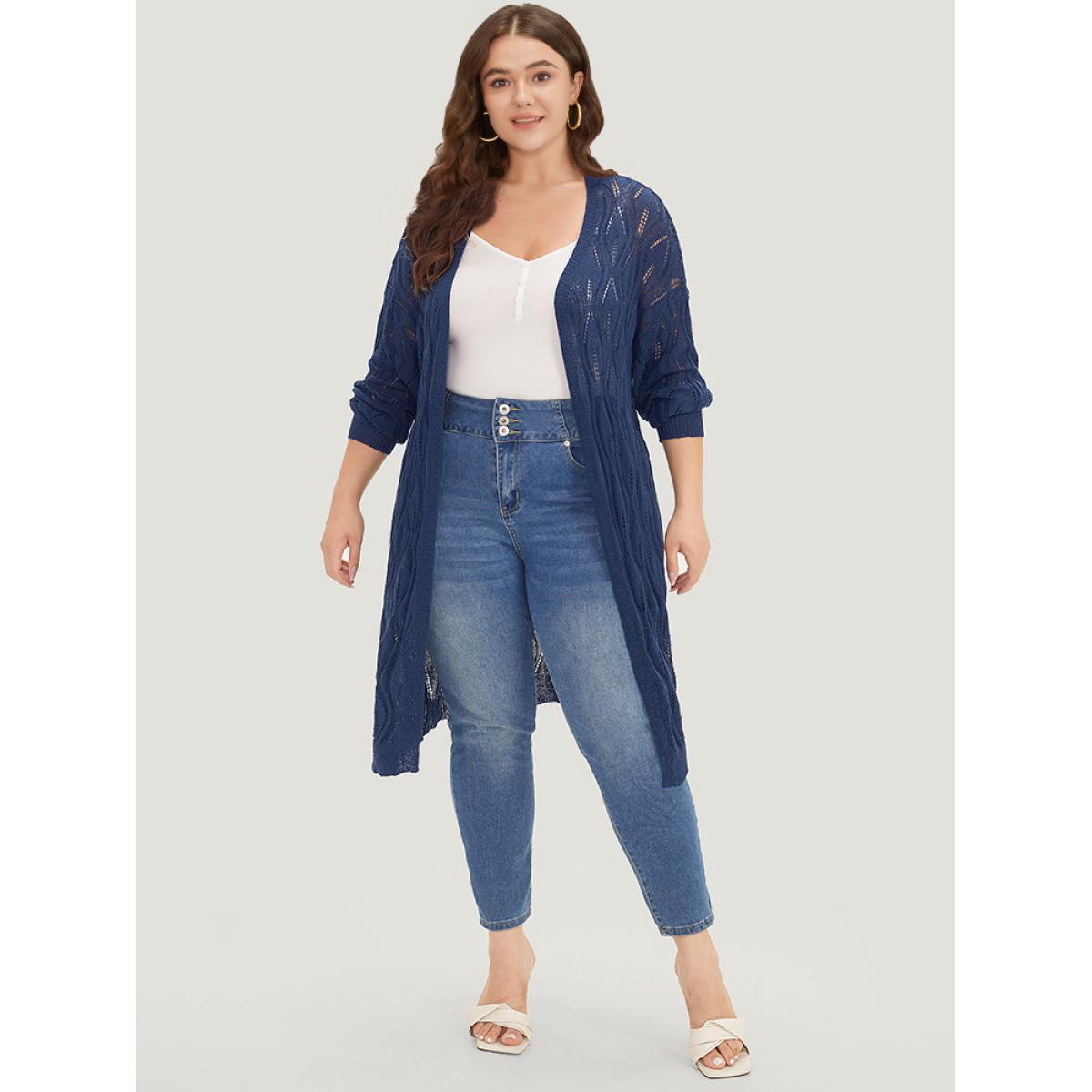 Plus Size Plain Geometric Eyelet Open Front Maxi Cardigan Indigo Women Casual Loose Long Sleeve Everyday Cardigans BloomChic 26/4X Product Image