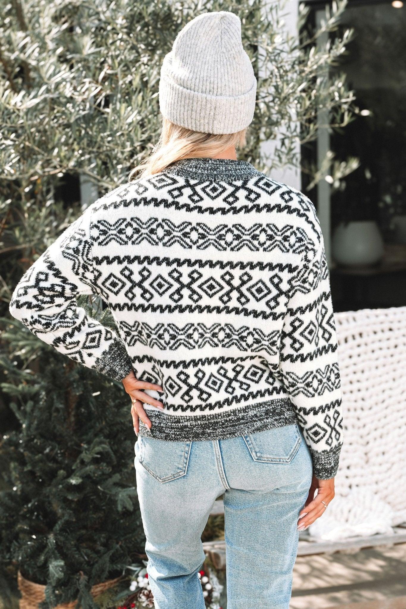 Ivory and Grey Aztec Print Cheers Sweater-FINAL SALE Product Image