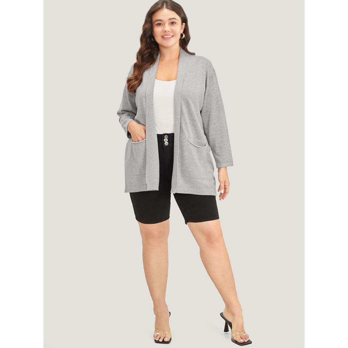 Plus Size Supersoft Essentials Plain Lapel Collar Patched Pocket Cardigan DarkGray Women Basics Loose Long Sleeve Everyday Cardigans BloomChic 28/5X Product Image