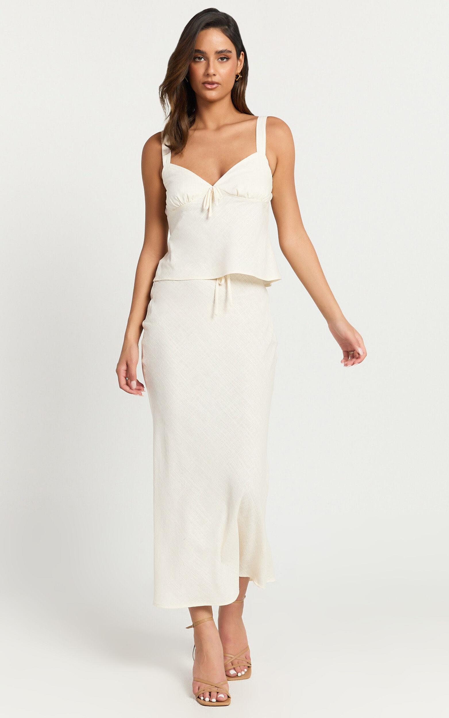 Polly Midi Skirt - Linen Low Waisted Front Bow Slip Skirt in Stone Product Image