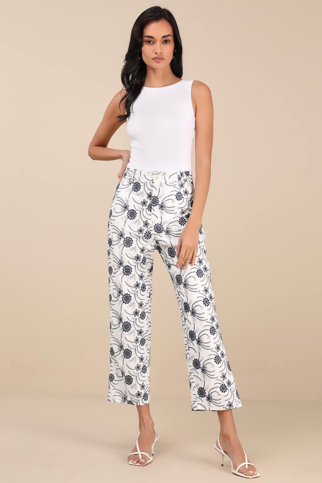 Auroria White Embroidered High-Rise Cropped Pants Product Image