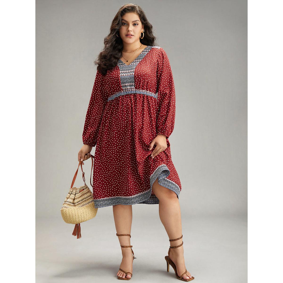 Plus Size Boho Print Lantern Sleeve Elastic Waist Dress Raspberry Women Vacation Elastic cuffs V-neck Long Sleeve Curvy Midi Dress BloomChic 12/L Product Image