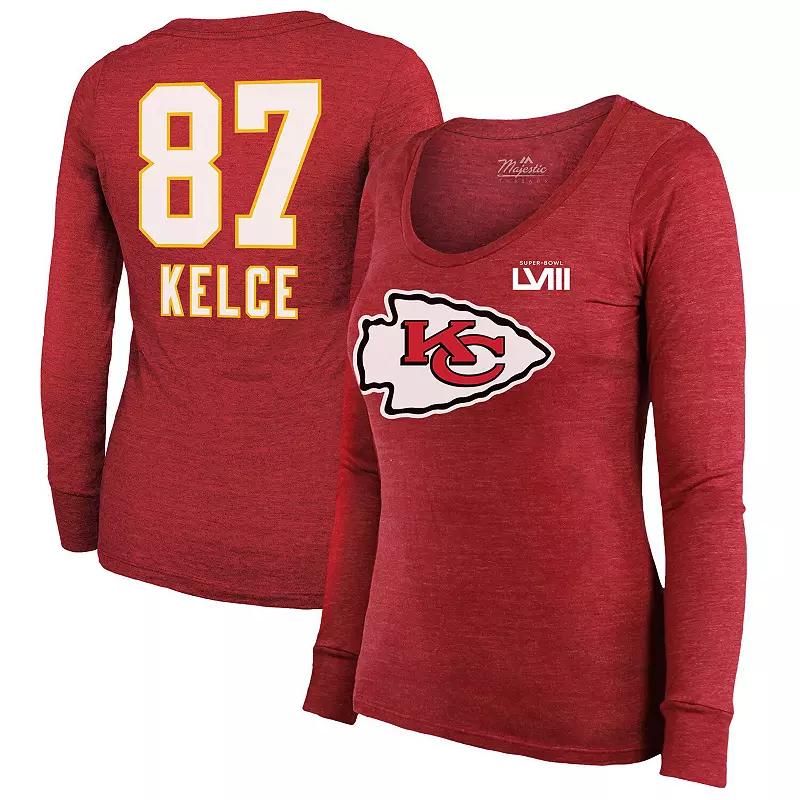 Women's Majestic Threads Travis Kelce Red Kansas City Chiefs Super Bowl LVIII Scoop Name & Number Tri-Blend Long Sleeve T-Shirt, Size: Small Product Image