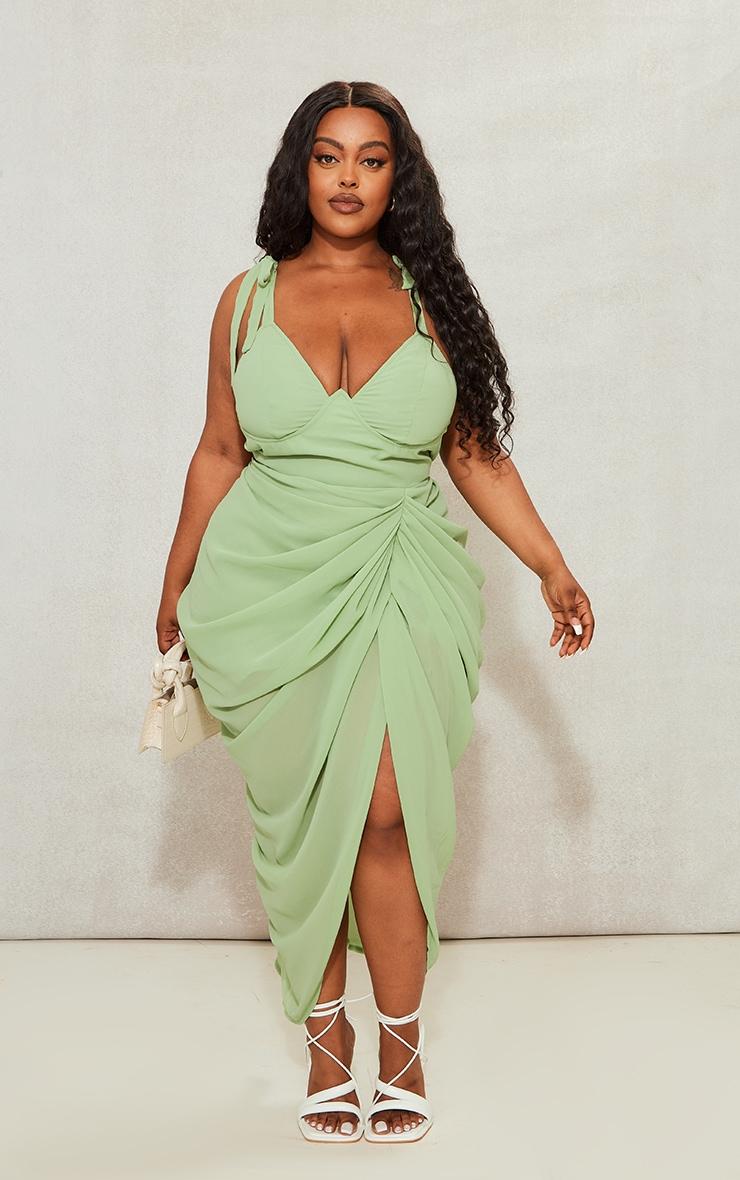  Plus Sage Green Underwire Detail Draped Midi Dress Product Image