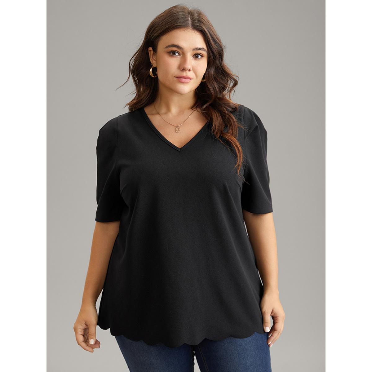 Plus Size Black Plain Puff Sleeve Scalloped Trim Blouse Women Work From Home Half Sleeve V-neck Work Blouses BloomChic 10/M Product Image