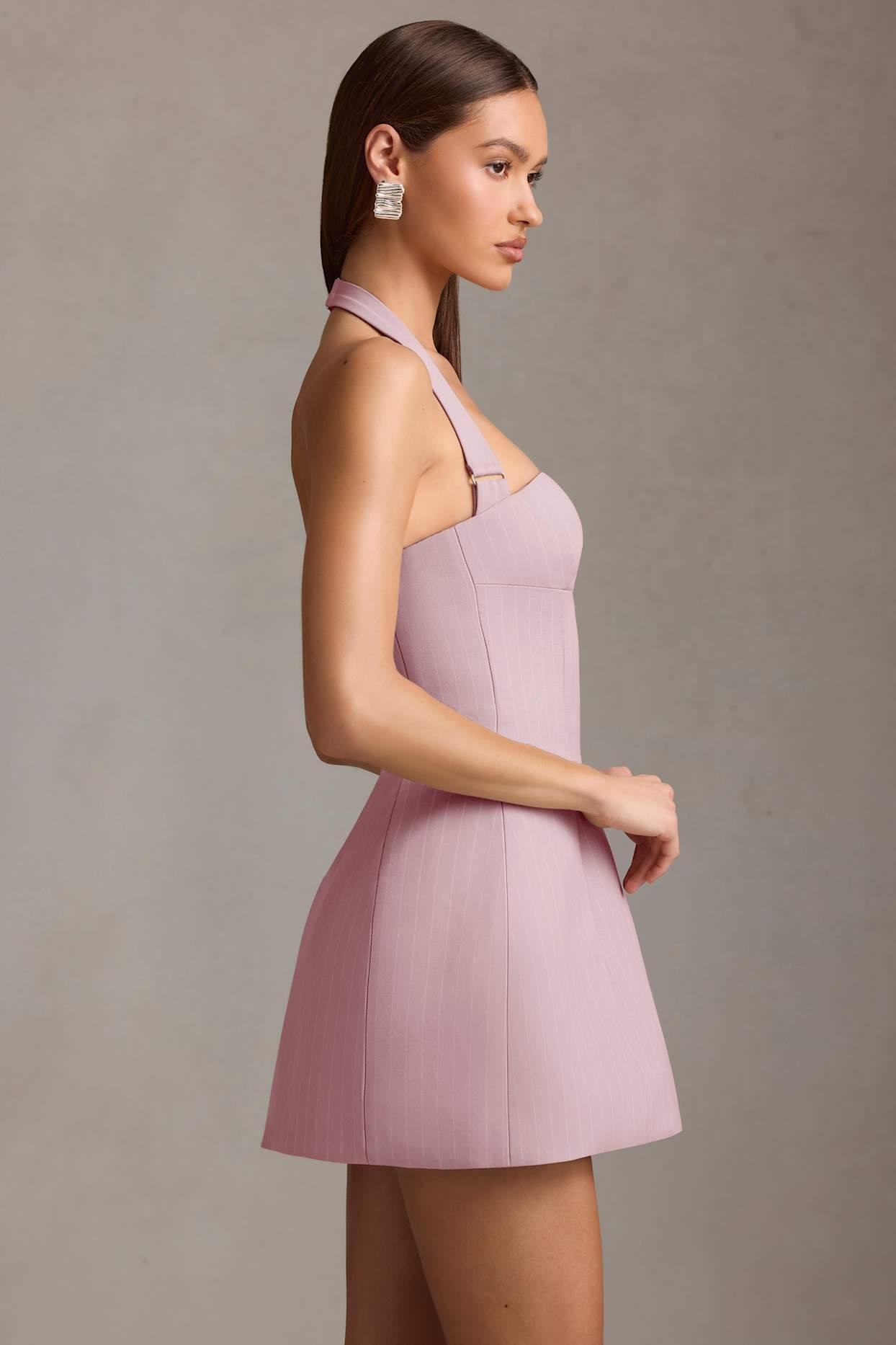 Pinstripe Halterneck Structured A-Line Mini Dress in Mauve Product Image