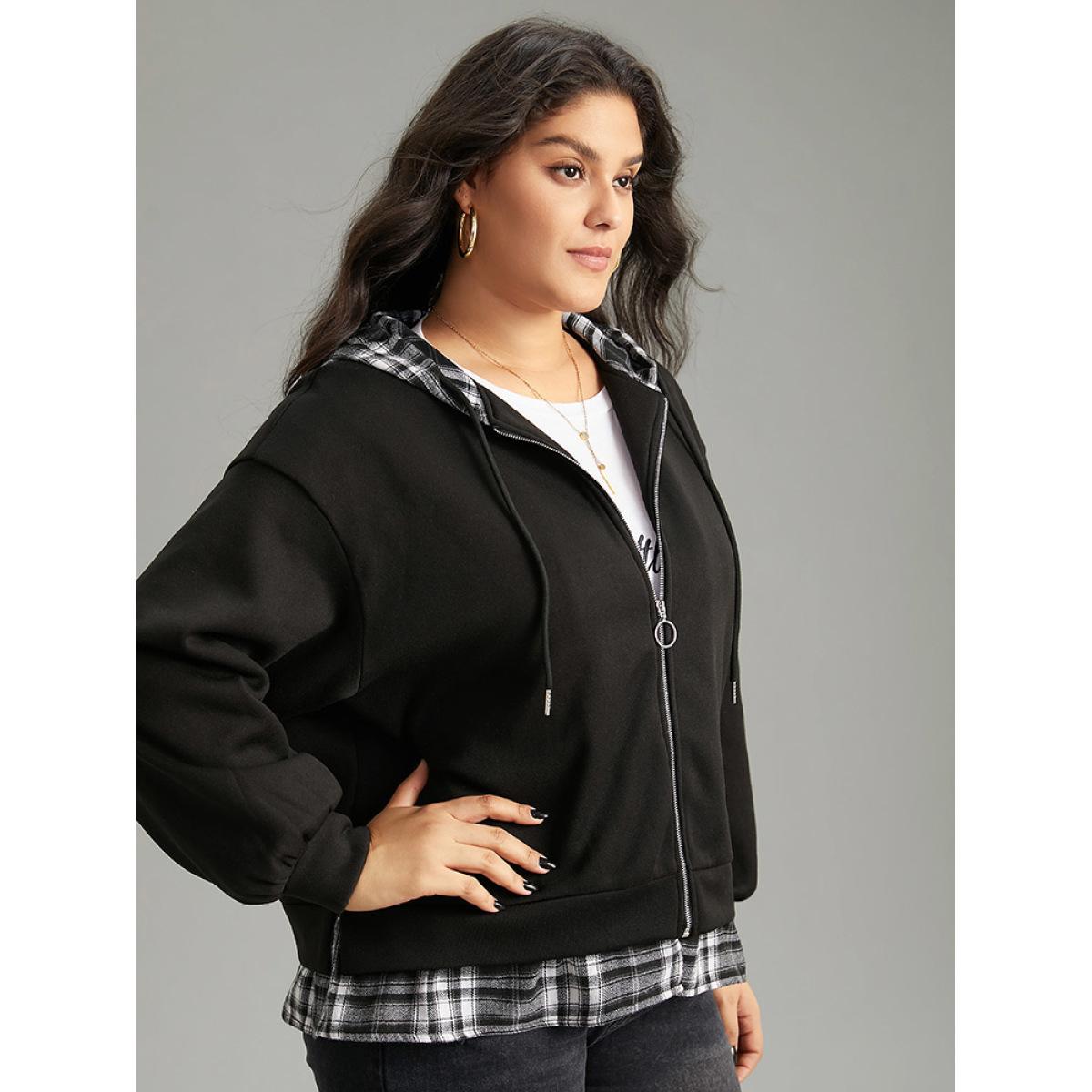 Plus Size Plaid Patchwork O Ring Zipper Hooded Drawstring Jacket Women Black Contrast Dailywear Jackets BloomChic 26/4X Product Image