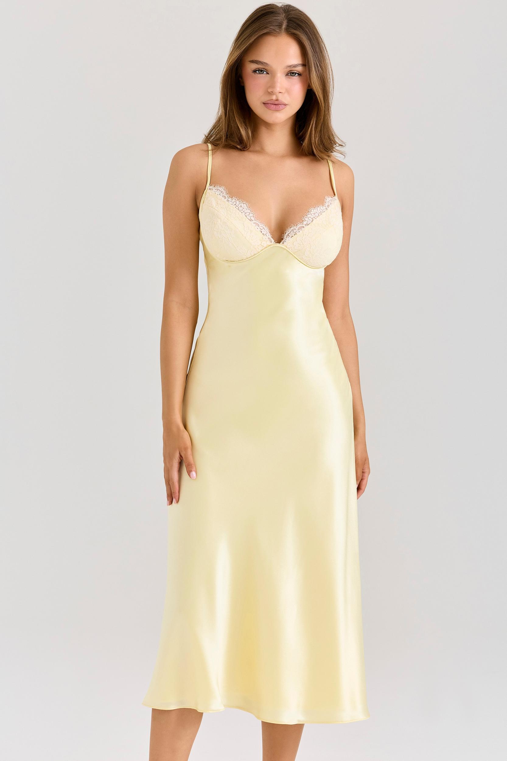 Felicity  butter yellow satin bias cut midi dress Product Image