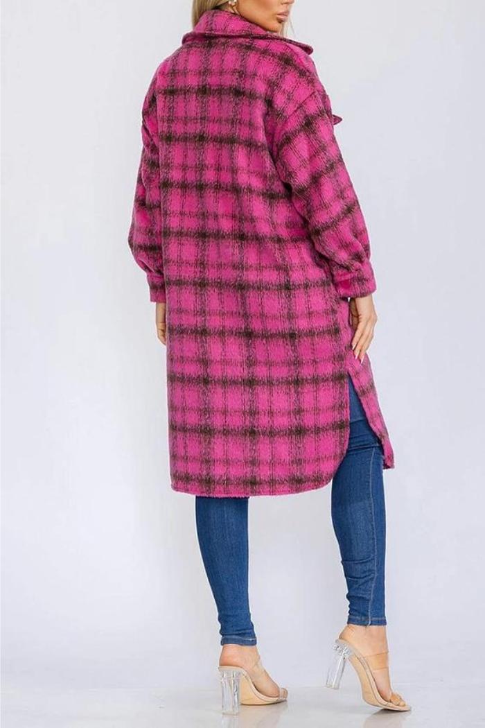 Long Sleeve Button Up Pockets Plaid Coat Product Image