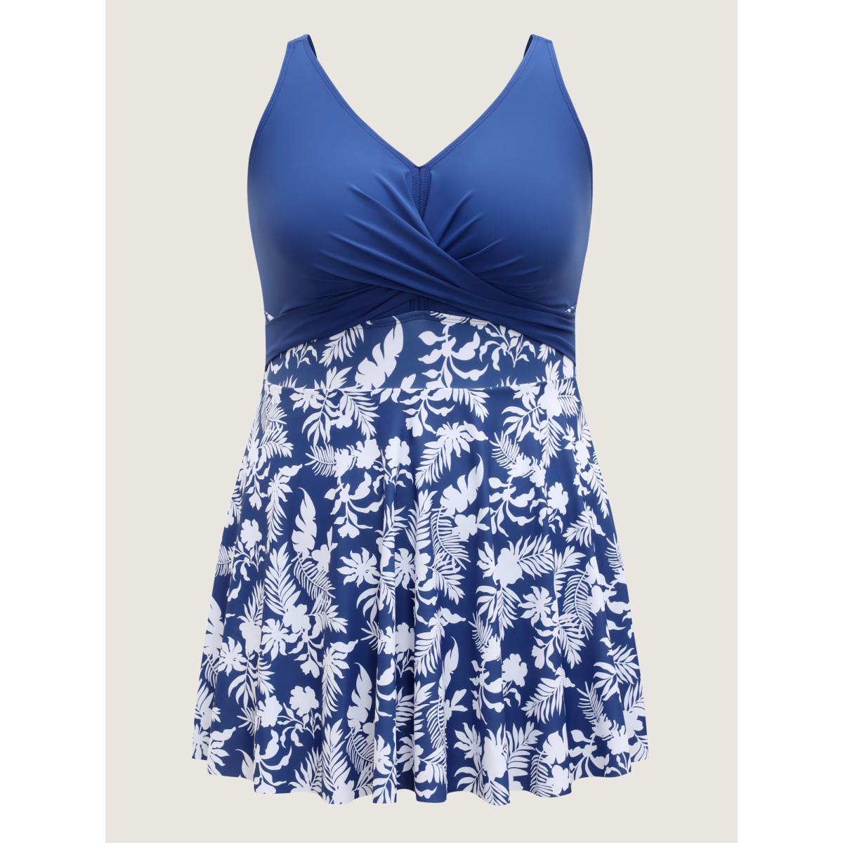 Plus Size Twist Front Floral Print Swim Dress Women's Swimwear Mediumblue Beach Bodycon V-neck High stretch Curve Swim Dresses BloomChic 28/5X Product Image