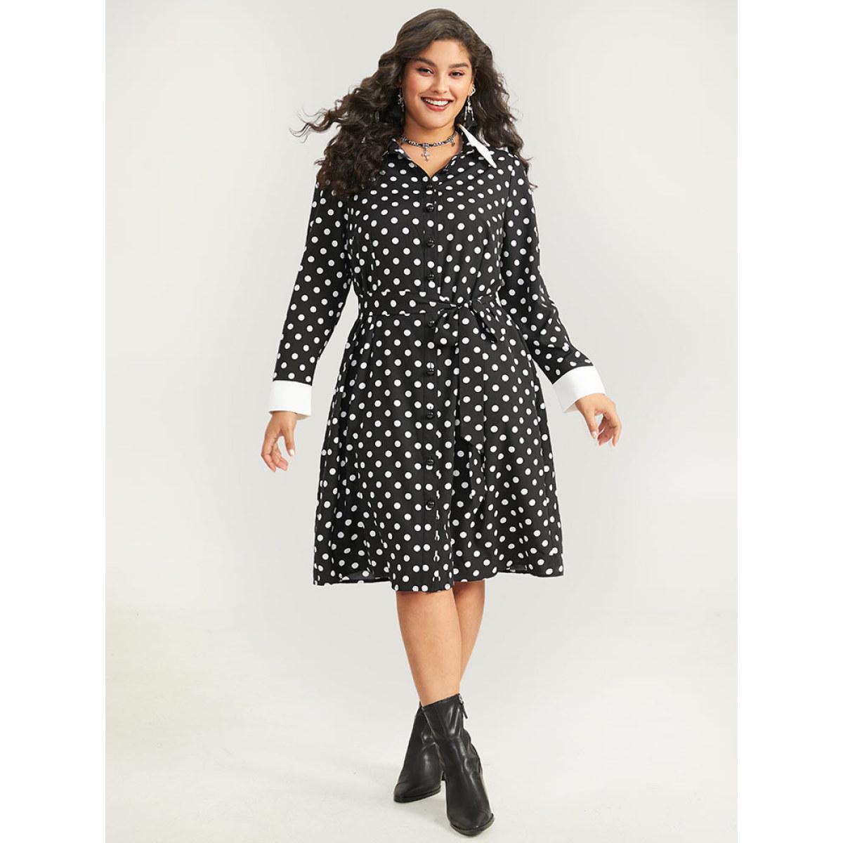 Plus Size Halloween Polka Dot Shirt Collar Button Up Belted Dress Black Women Office Belted Shirt collar Long Sleeve Curvy Midi Dress BloomChic 26/4X Product Image
