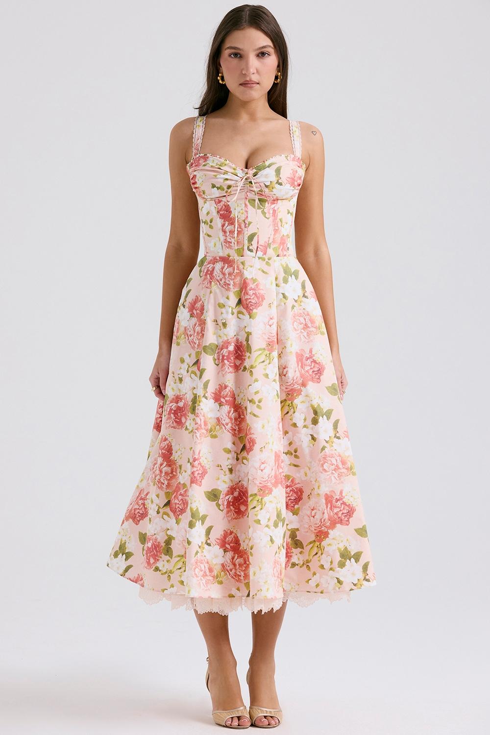 Rosalee  pink peony print cotton bustier sundress Product Image