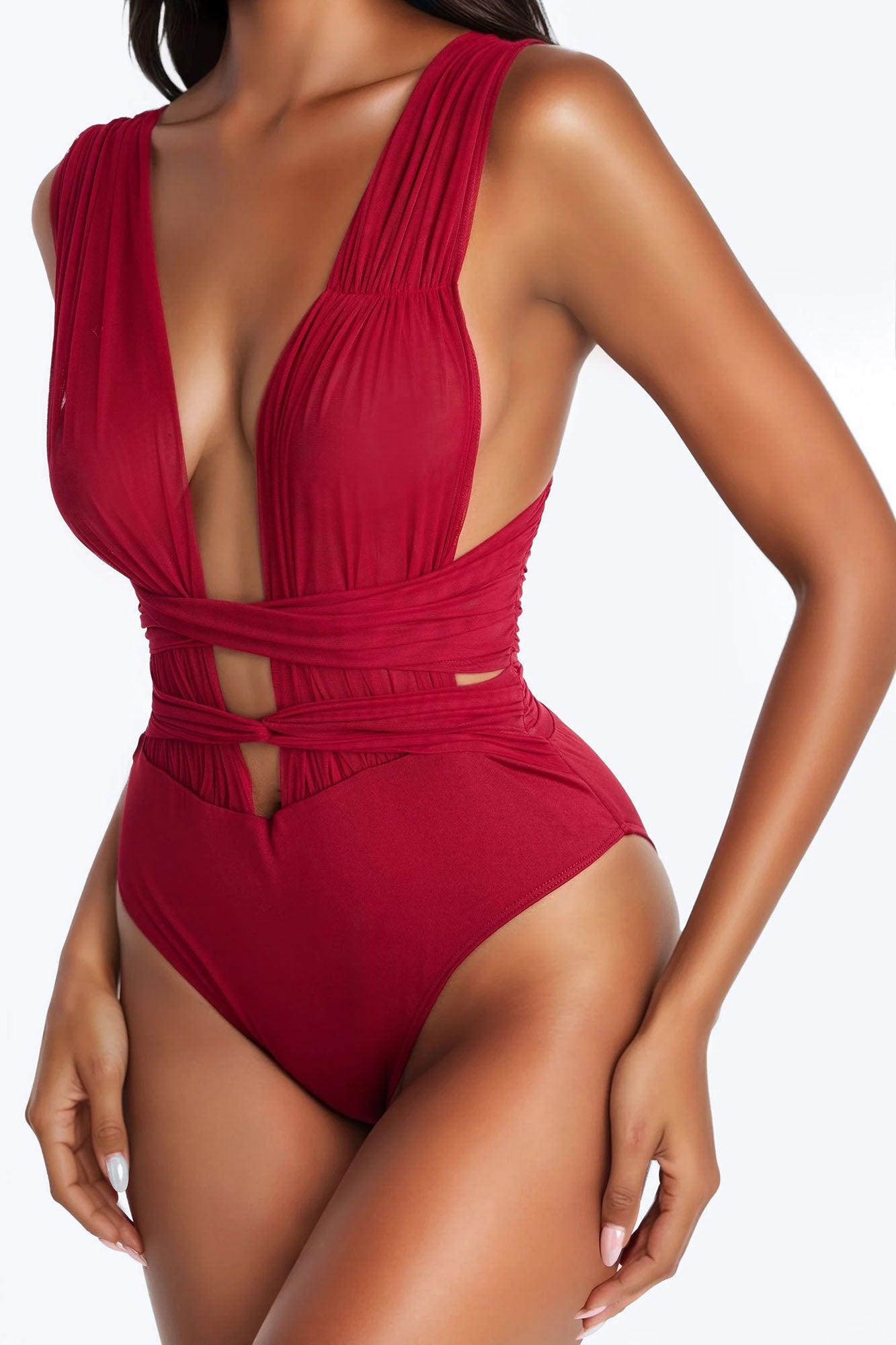 Midnight Siren Mesh Deep V-Neck Ruched Bodysuit - DarkRed Female Product Image