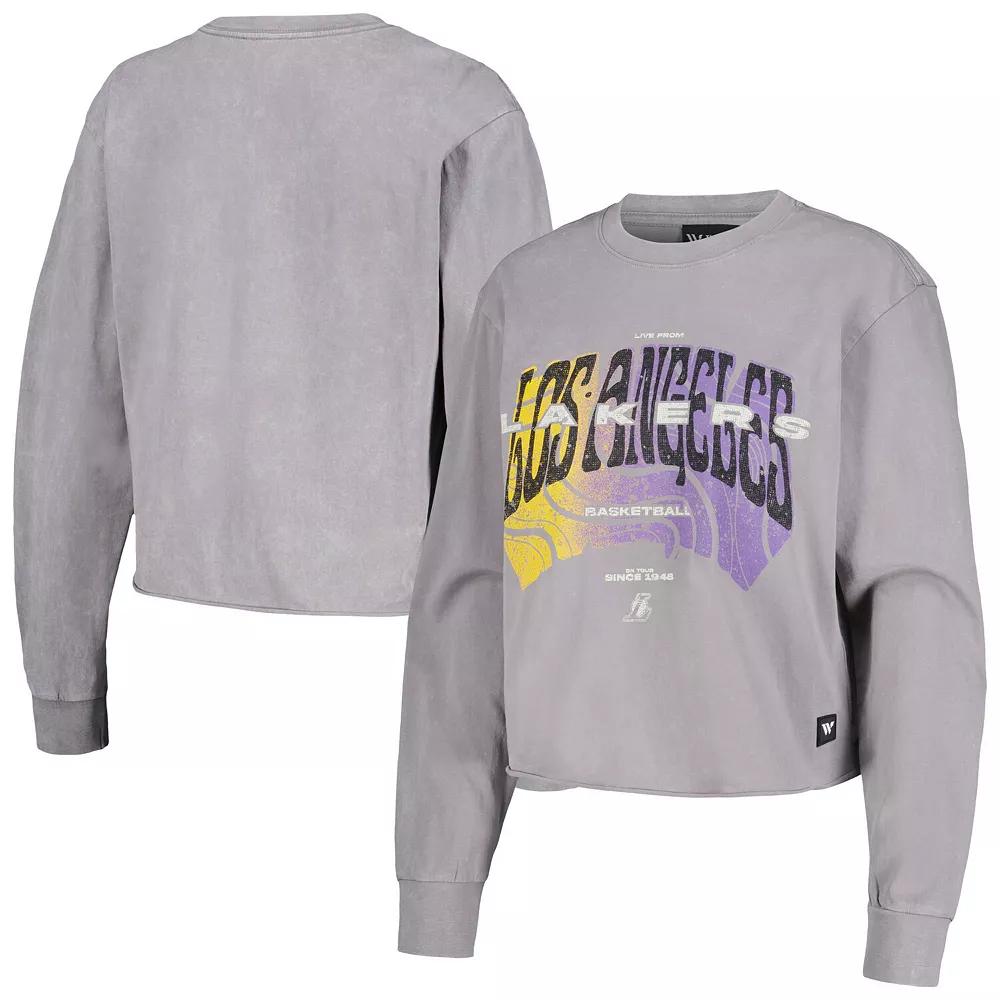 Women's The Wild Collective Gray Los Angeles Lakers Band Cropped Long Sleeve T-Shirt,  Product Image