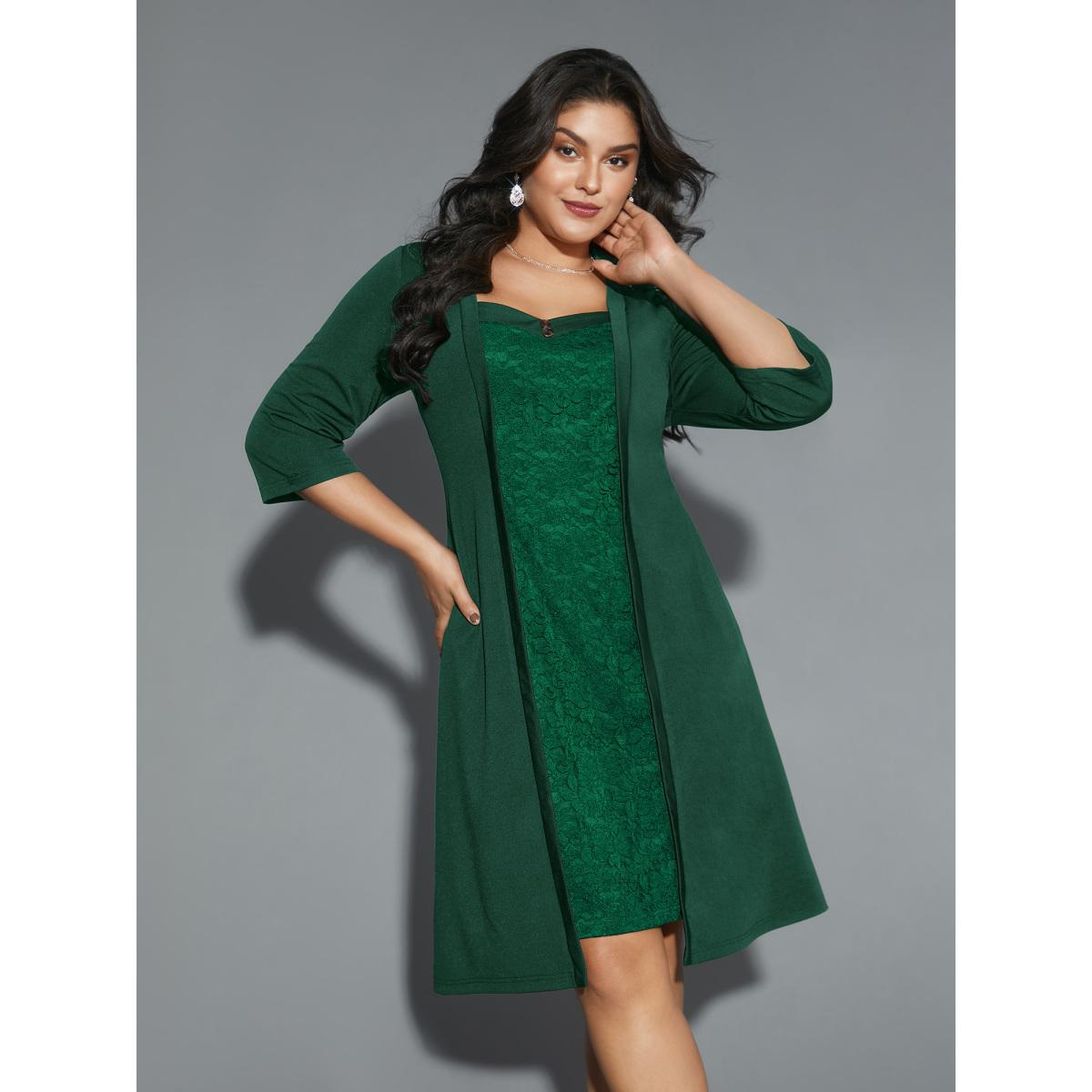 Plus Size Lace Heart Neckline Pocket Midi Dress DarkGreen Women Cocktail Texture Party Curvy Bloomchic 22-24/3X Product Image