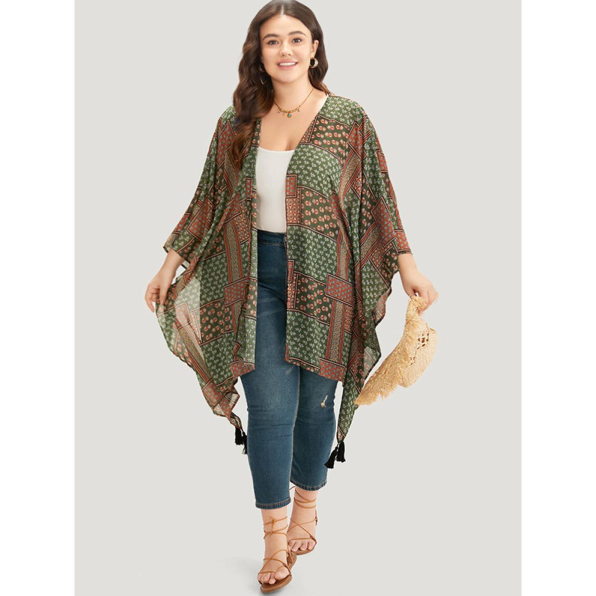 Plus Size Bandana Print Tassels Trim Asymmetrical Hem Kimono Women Moss Casual Drape Loose Dailywear Kimonos BloomChic 26/4X Product Image