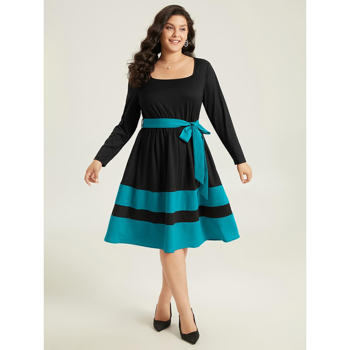 Plus Size Two Tone Belted Bowknot Square Neck Dress Teal Women Elegant Non Square Neck Long Sleeve Curvy Knee Dress BloomChic 28/5X Product Image