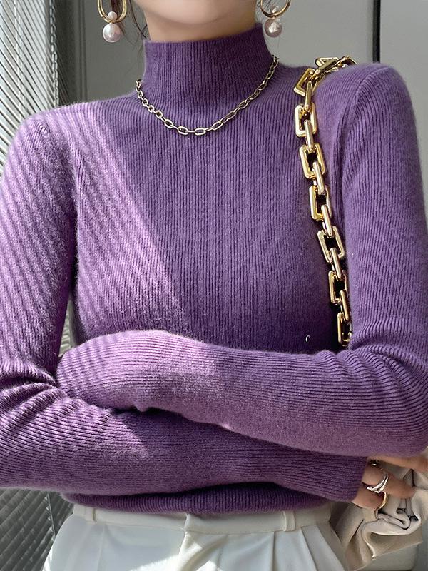 Casual Skinny Long Sleeves Solid Color Half Turtleneck Sweater Tops Product Image