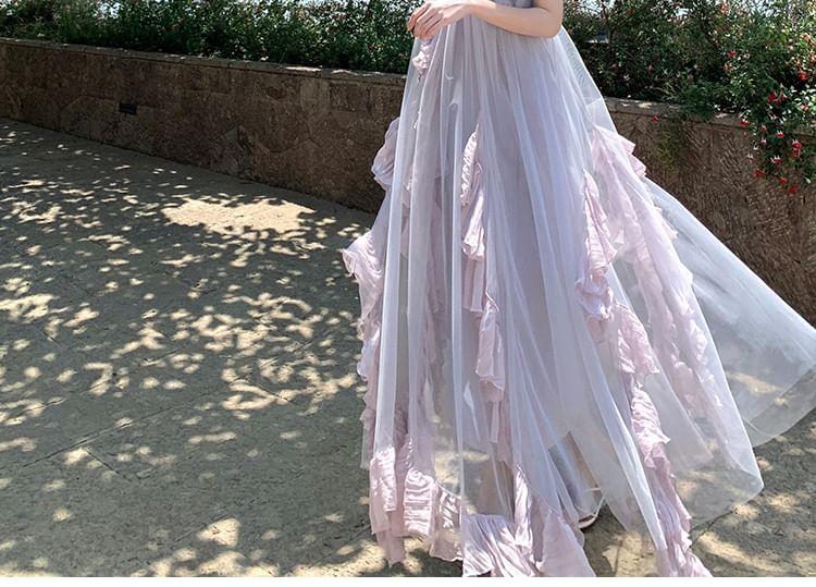 Spaghetti Strap Two-Tone Ruffled Maxi Sundress Product Image