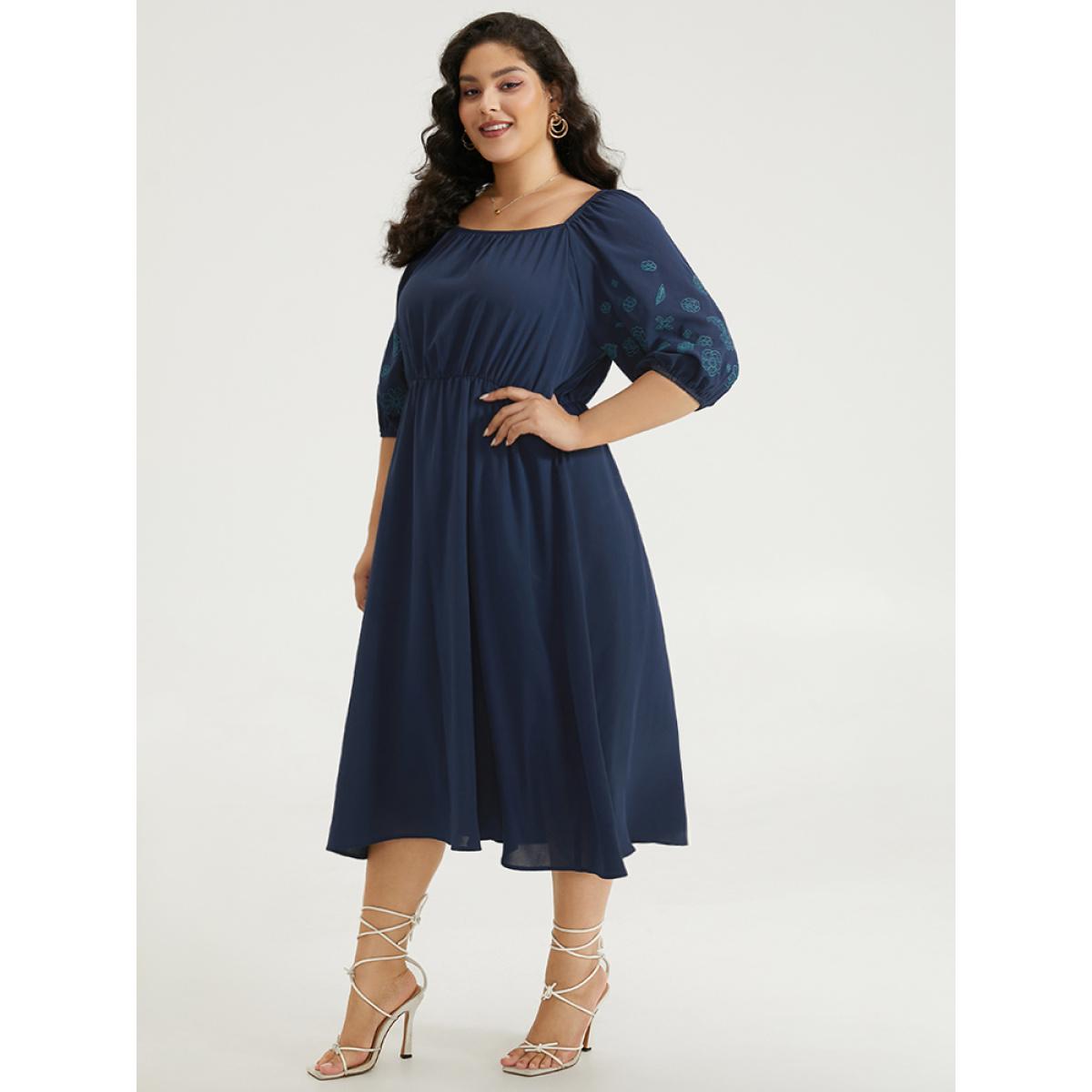 Plus Size Floral Embroidered Pocket Square Neck Lantern Sleeve Dress Indigo Women Elegant Elastic cuffs Square Neck Half Sleeve Curvy Midi Dress BloomChic 28/5X Product Image