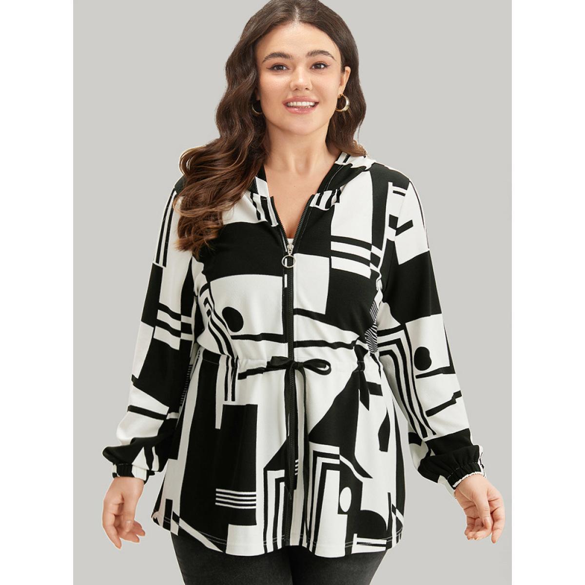 Plus Size Halloween Geometric Print Drawstring Zipper Hooded Knot Jacket Women Black Zipper Dailywear Jackets BloomChic 14-16/1X Product Image