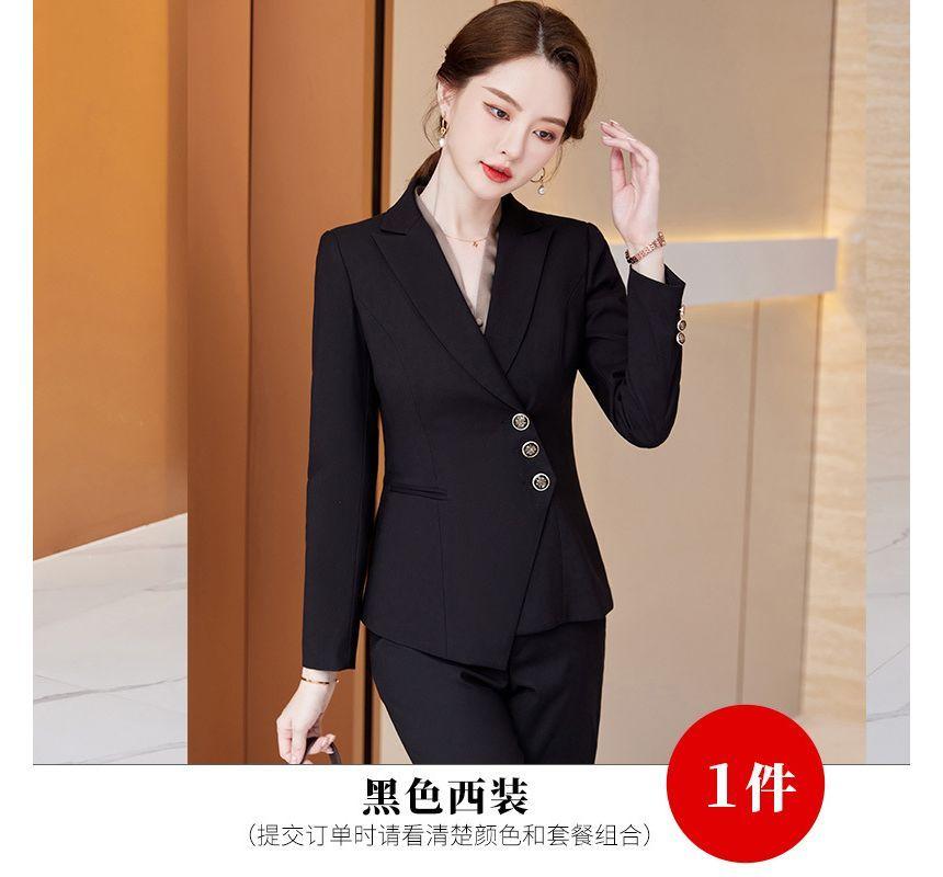 Peak Lapel Plain Asymmetrical Button Blazer / High Rise Straight Leg Slacks / High Rise Mini Pencil Skirt / Long-Sleeve V-Neck Plain Blouse Product Image