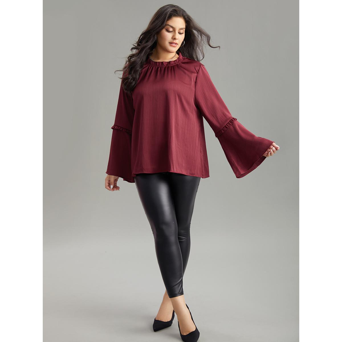Plus Size Scarlet Plain Frill Trim Bell Sleeve Blouse Women Elegant Long Sleeve Round Neck Dailywear Blouses BloomChic 22-24/3X Product Image
