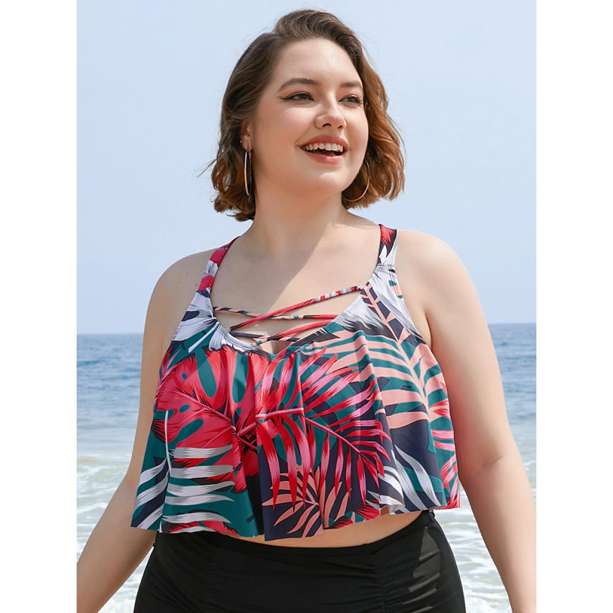 Plus Size Leaf Print Contrast Ruffle Crisscross Front Tankini Top Women's Swimwear Indigo Vacation Adjustable Straps High stretch Bodycon V-neck Curve Swim Tops BloomChic 28/5X Product Image