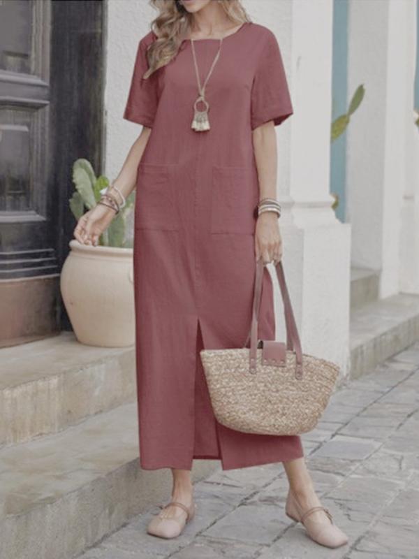 High Waisted Loose Pockets Solid Color Split-front Round-neck Midi Dresses Product Image