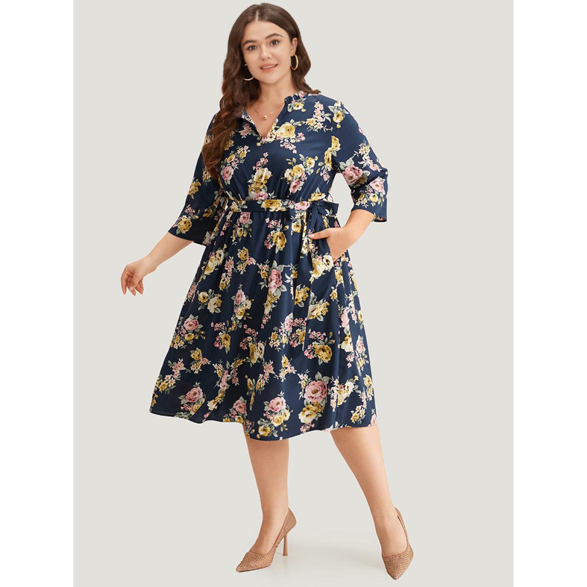 Plus Size Floral Print Frill Trim Belted Pocket Dress Navy Women Office Belted Notched collar Elbow-length sleeve Curvy Midi Dress BloomChic 22-24/3X Product Image