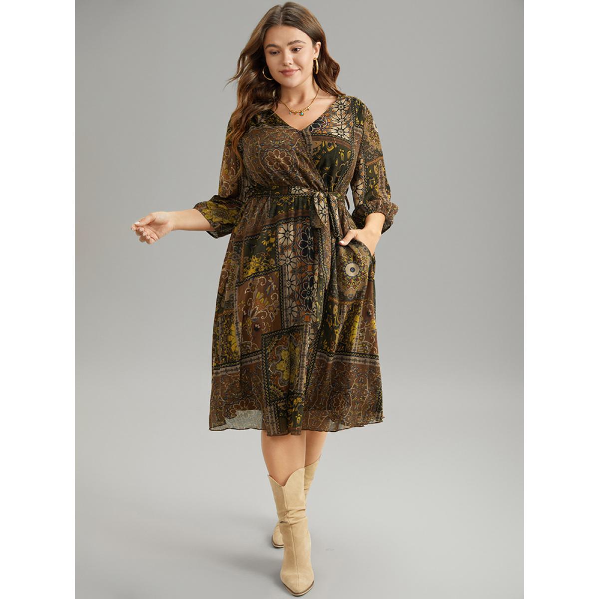 Plus Size Boho Print Wrap Elastic Waist Belted Dress LightBrown Women Vacation Elastic cuffs V-neck Elbow-length sleeve Curvy Midi Dress BloomChic 14-16/1X Product Image