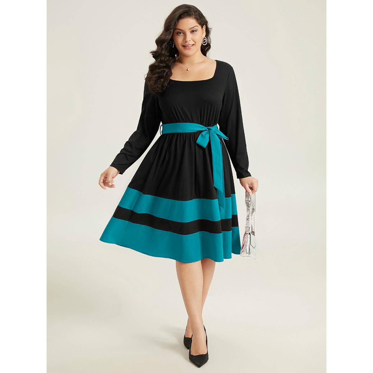 Plus Size Two Tone Belted Bowknot Square Neck Dress Teal Women Elegant Non Square Neck Long Sleeve Curvy Knee Dress BloomChic 28/5X Product Image