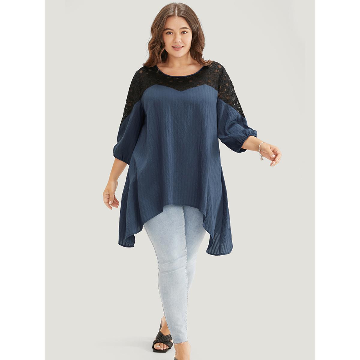 Plus Size Indigo Plain Contrast Lace Asymmetrical Lantern Sleeve Blouse Women Elegant Elbow-length sleeve V-neck Dailywear Blouses BloomChic 18-20/2X Product Image