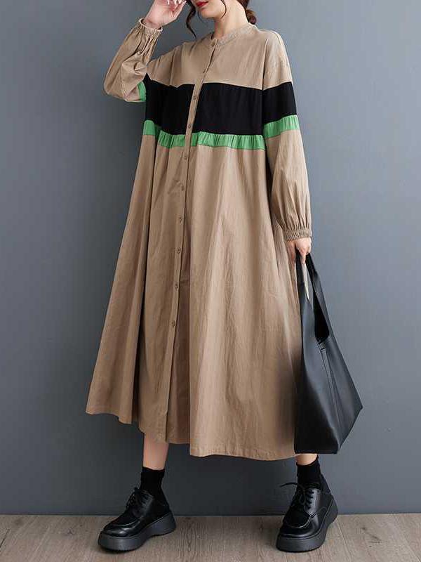 Long Sleeves Loose Buttoned Contrast Color Elasticity Split-Joint Round-neck Midi Dresses Product Image