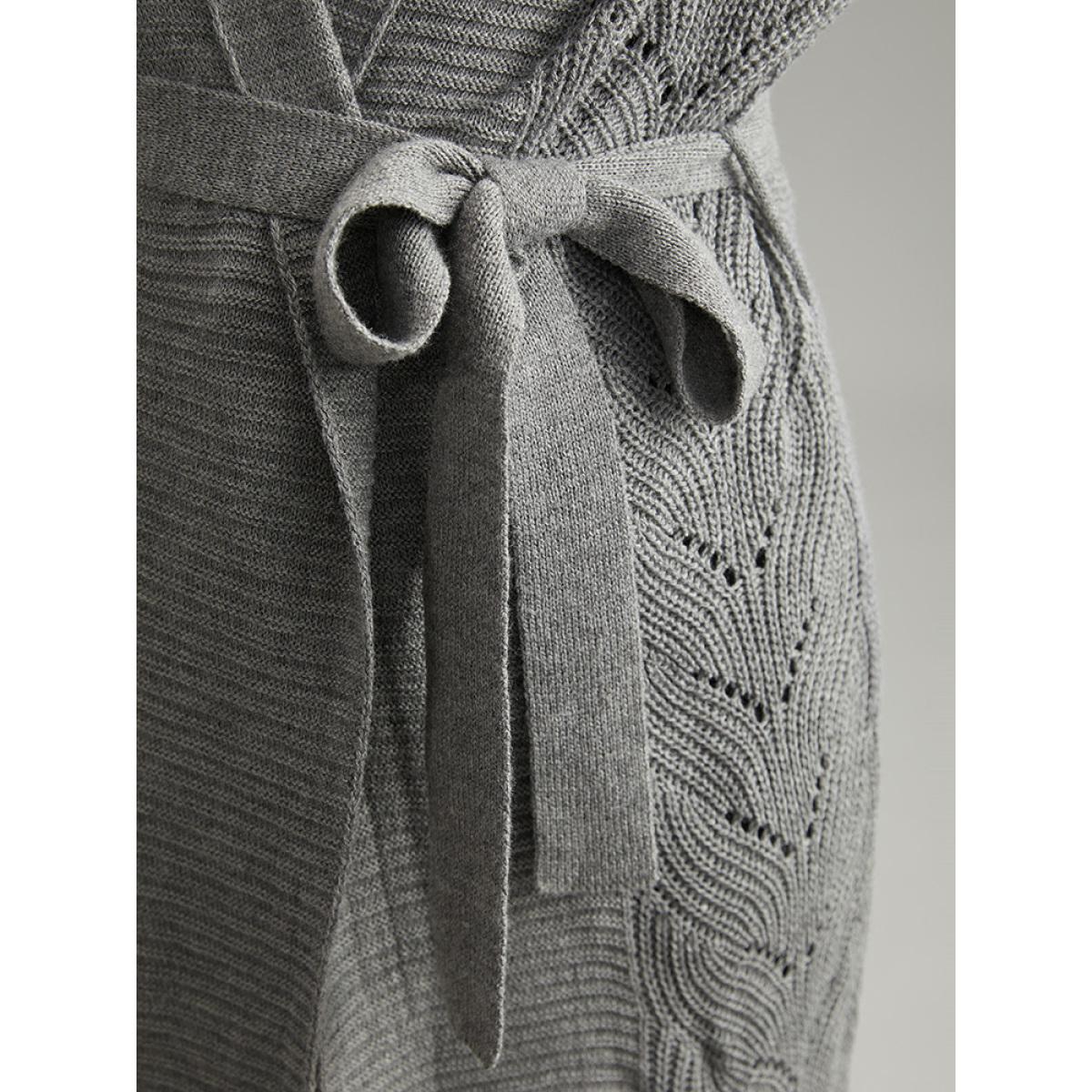 Plus Size Plain Split Hem Ties Texture Cardigan Gray Women Casual Loose Long Sleeve Dailywear Cardigans BloomChic 26/4X Product Image