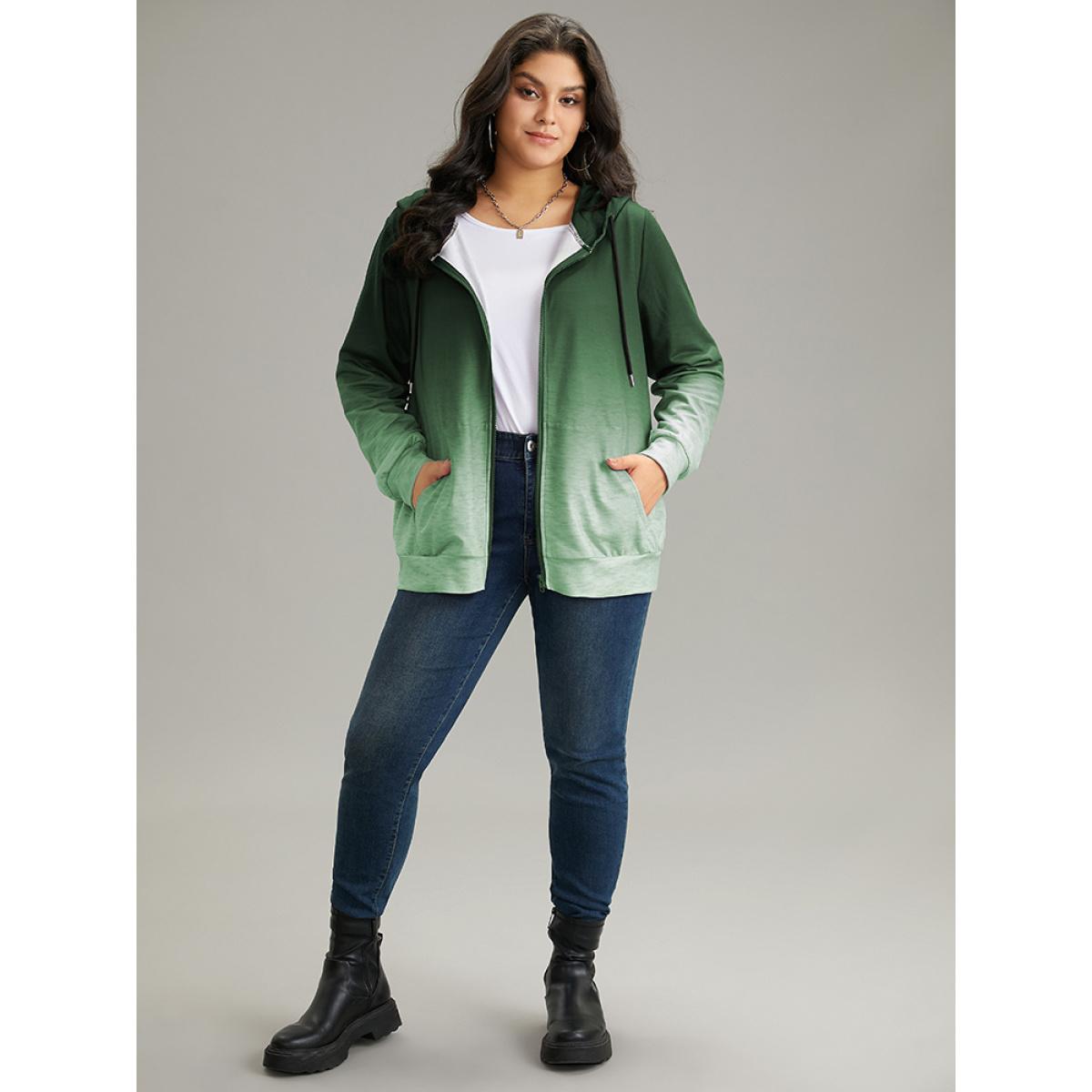 Plus Size Ombre Hooded Zipper Drawstring Sweatshirt Women DarkGreen Casual Zipper Hooded Everyday Sweatshirts BloomChic 26/4X Product Image