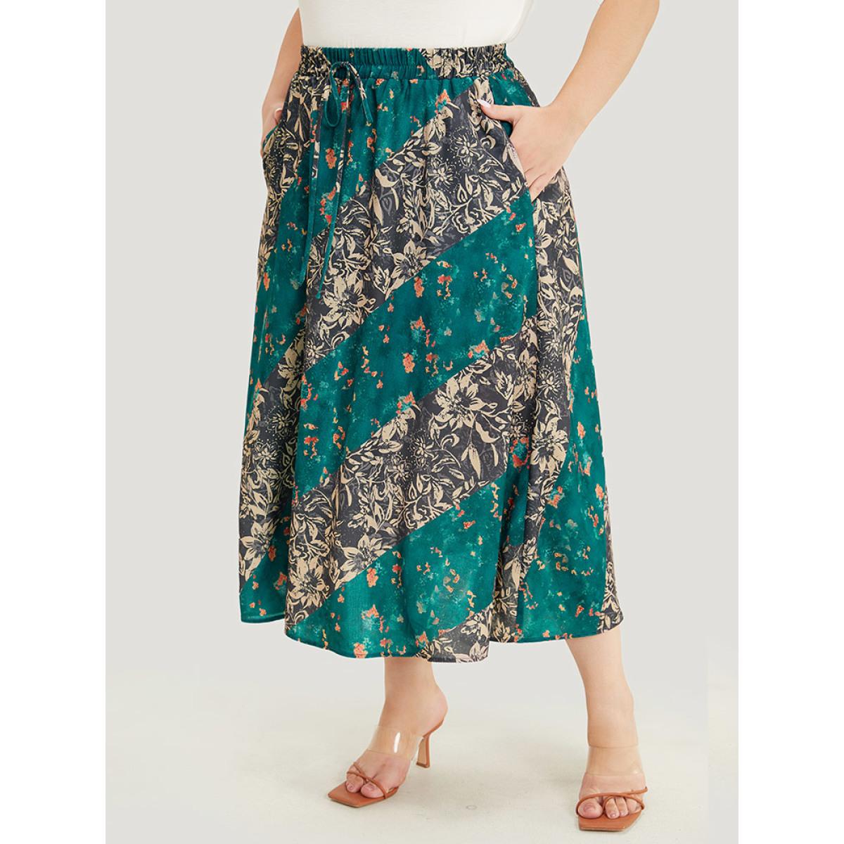 Plus Size Floral Contrast Pocket Knot Front Skirt Women Multicolor Elegant Contrast No stretch Pocket Dailywear Skirts BloomChic 12/L Product Image