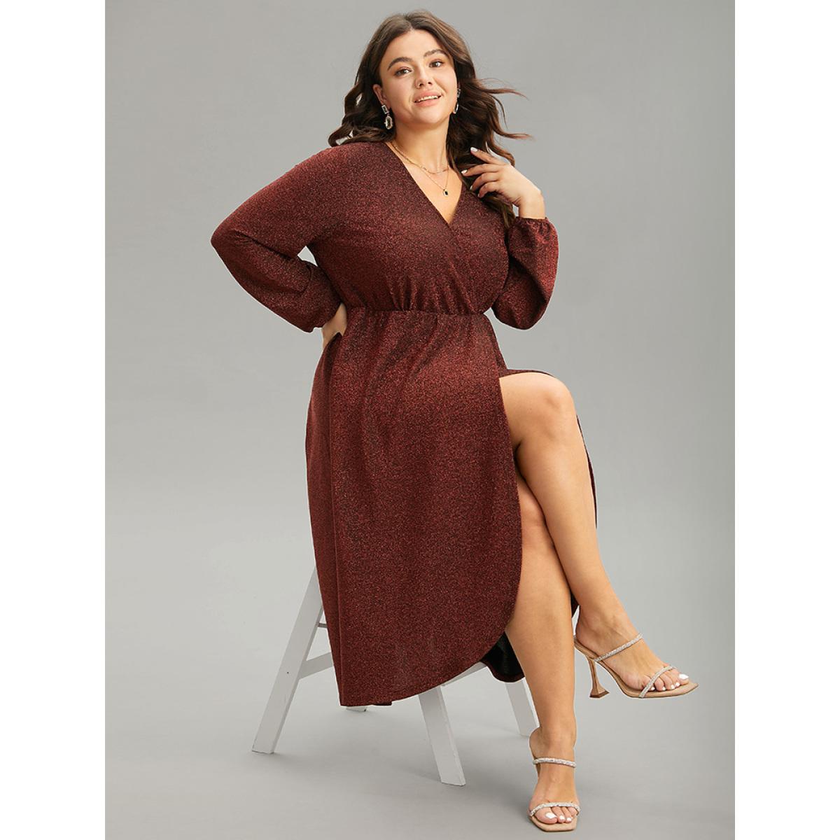 Plus Size Luxe Overlap Collar Gathered Split Hem Dress Scarlet Women Glamour Elastic cuffs Overlap Collar Long Sleeve Curvy Midi Dress BloomChic 28/5X Product Image