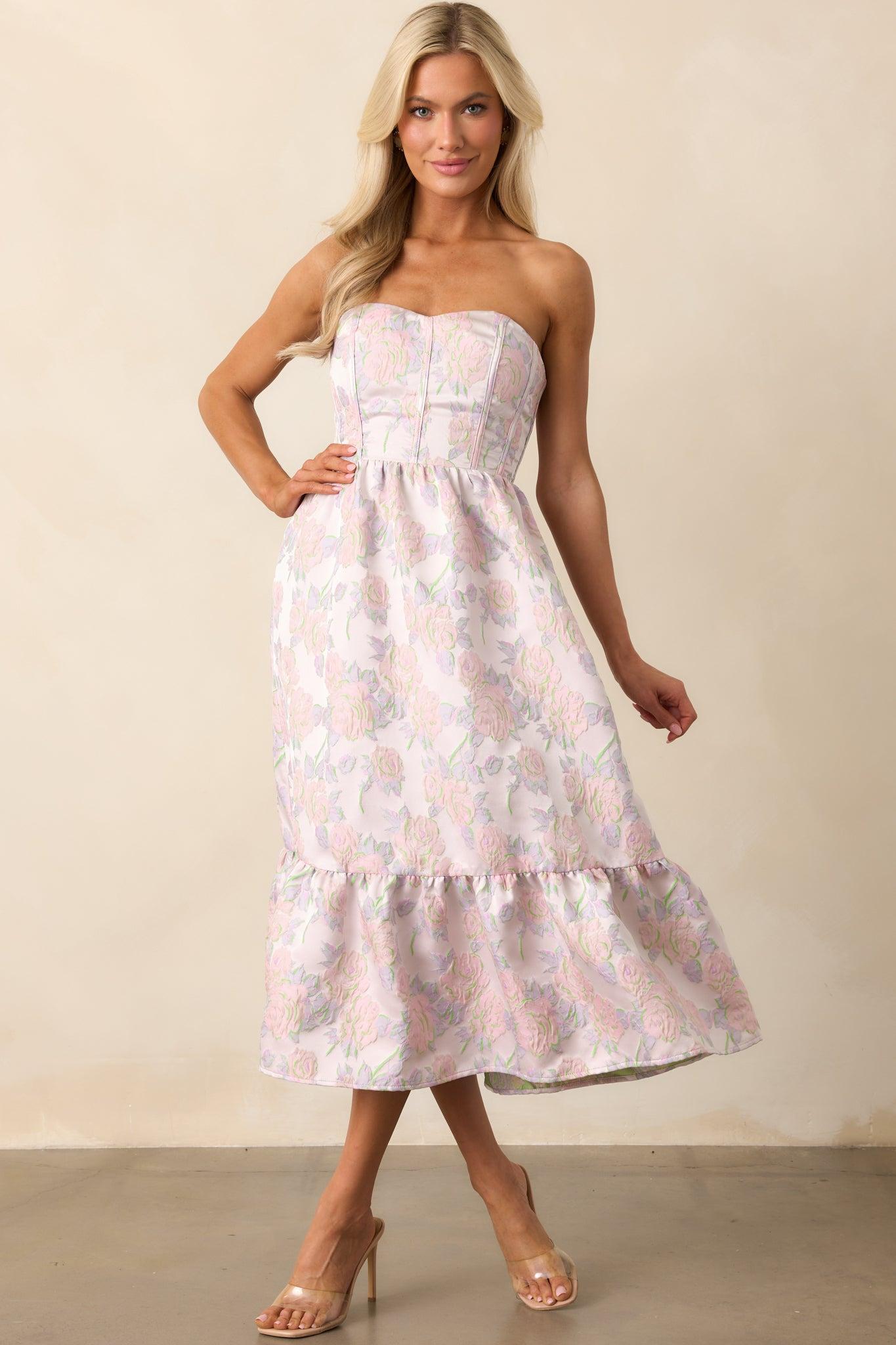 In The Spotlight Lavender Floral Jacquard Strapless Midi Dress Product Image