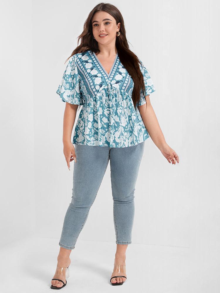 Floral Print Ties Ruffled Babydoll V Neck Blouse Female Product Image