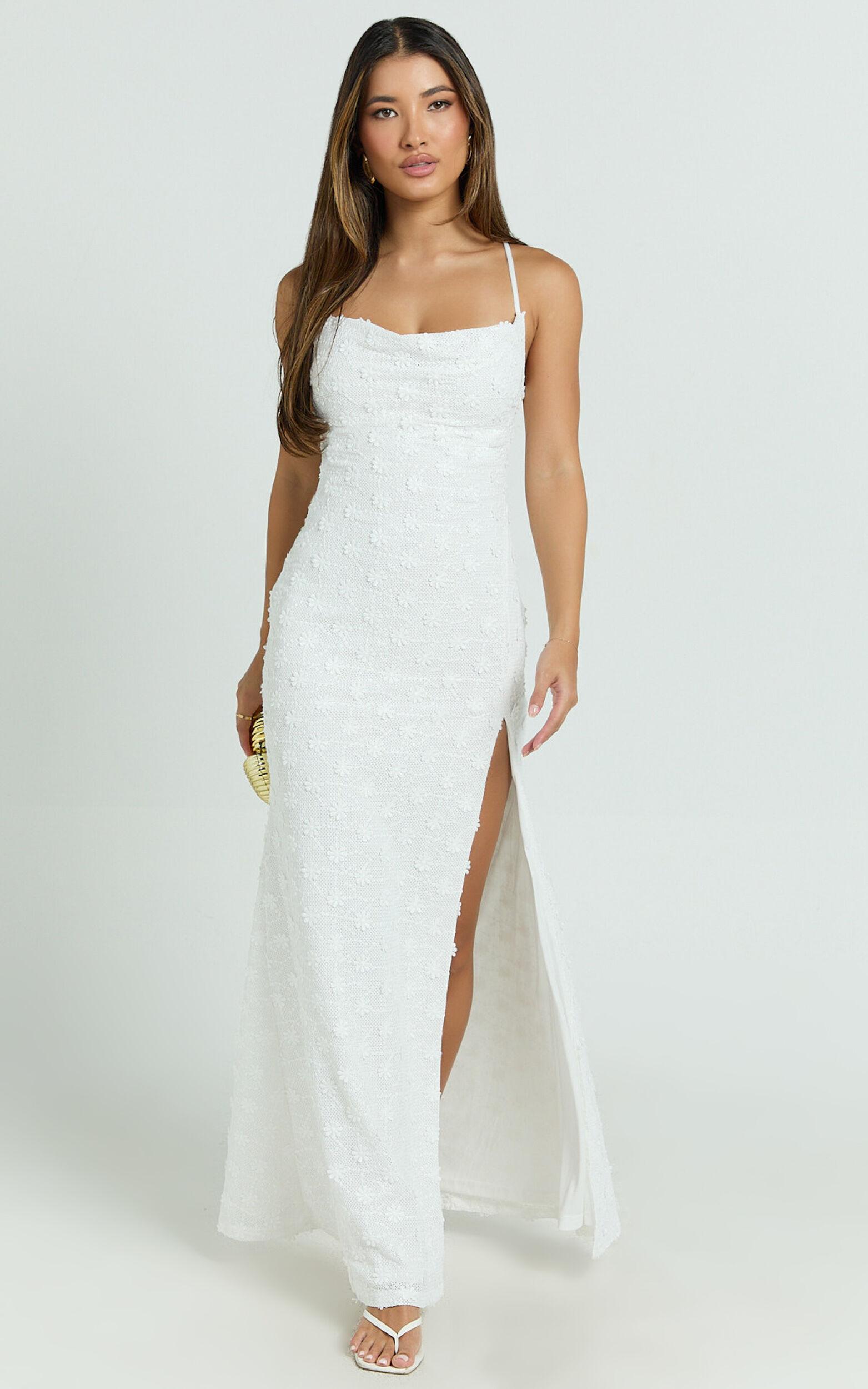 Mimi Maxi Dress - Embroidered Cowl Neck High Split Dress in White Product Image