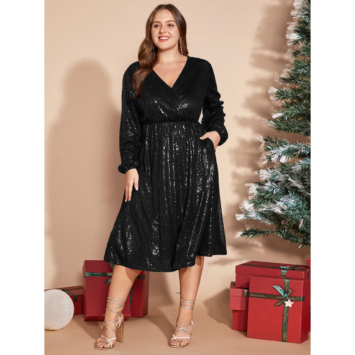 Plus Size Solid Pocket Lantern Sleeve Wrap Sequin Dress Black Women Party&Cocktail Pocket Overlap Collar Long Sleeve Curvy Midi Dress BloomChic 28/5X Product Image