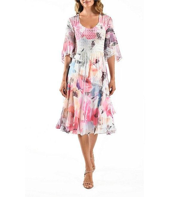 Komarov Scoop Neck Tulip Sleeve Watercolor Rose Mixed Media A-line Midi Dress Product Image