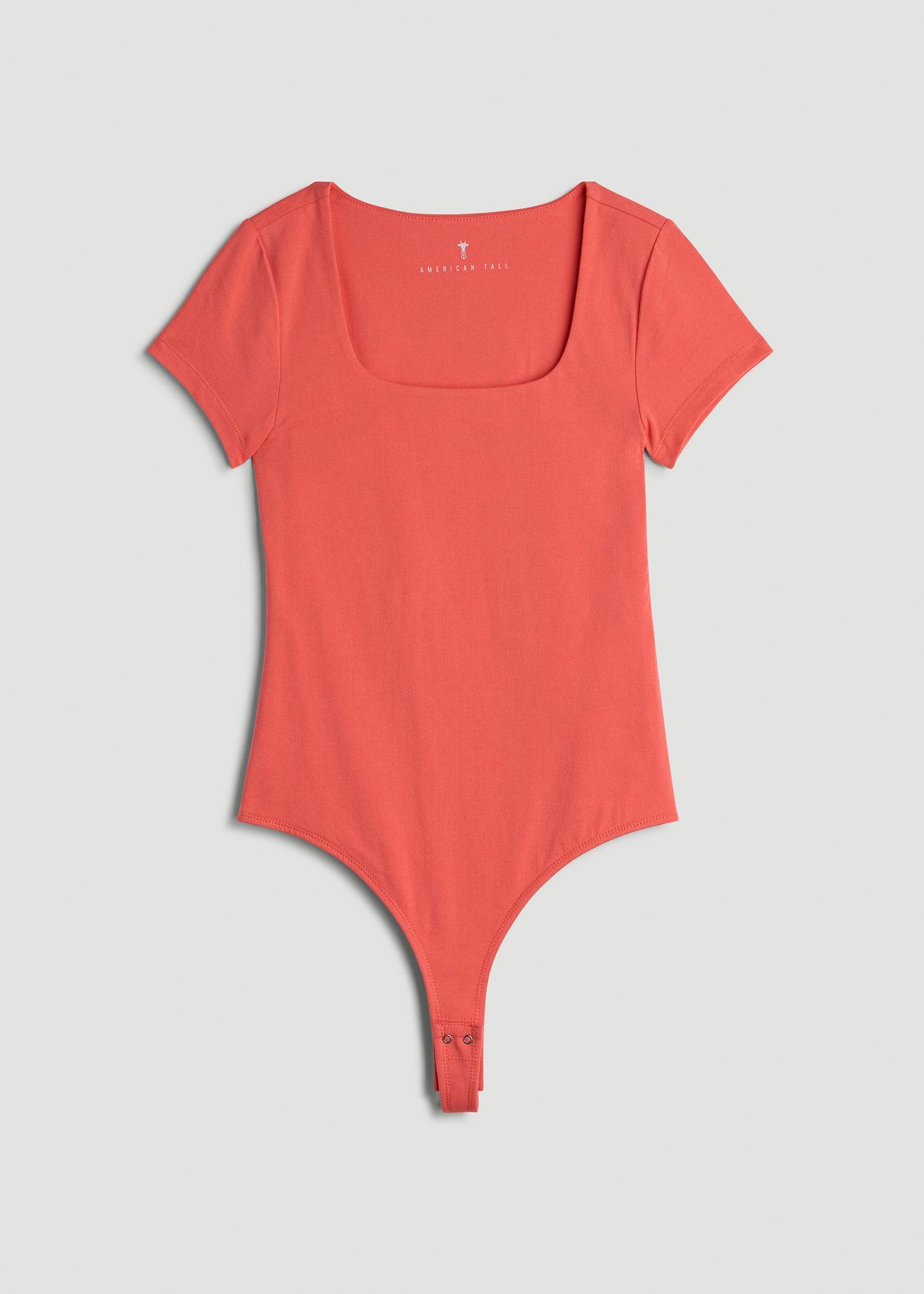 Cotton Blend Short Sleeve Square Neck Bodysuit for Tall Women in Sunset Coral Female Product Image