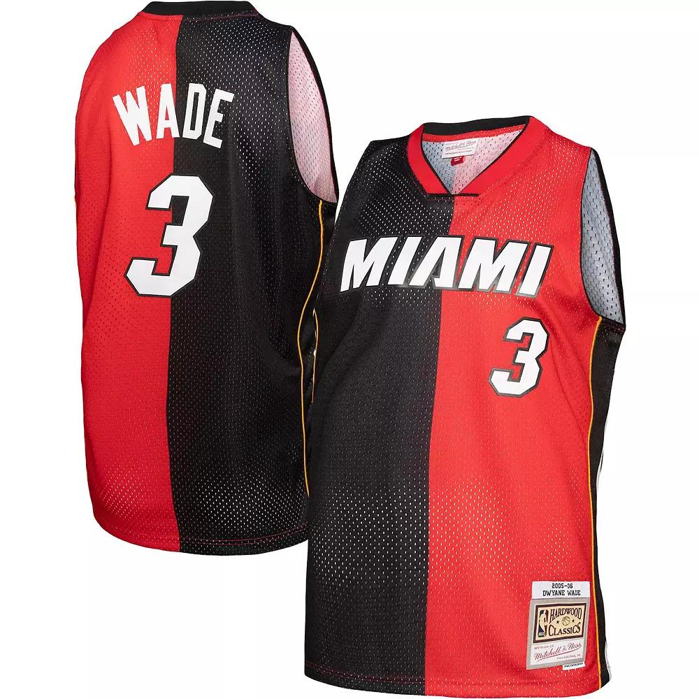 Men's Mitchell & Ness Dwyane Wade Black/Red Miami Heat Big & Tall Hardwood Classics 2005/06 Split Swingman Jersey,  Product Image
