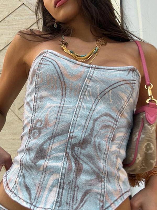 Irregular Print Backless Denim Bandeau Top Product Image