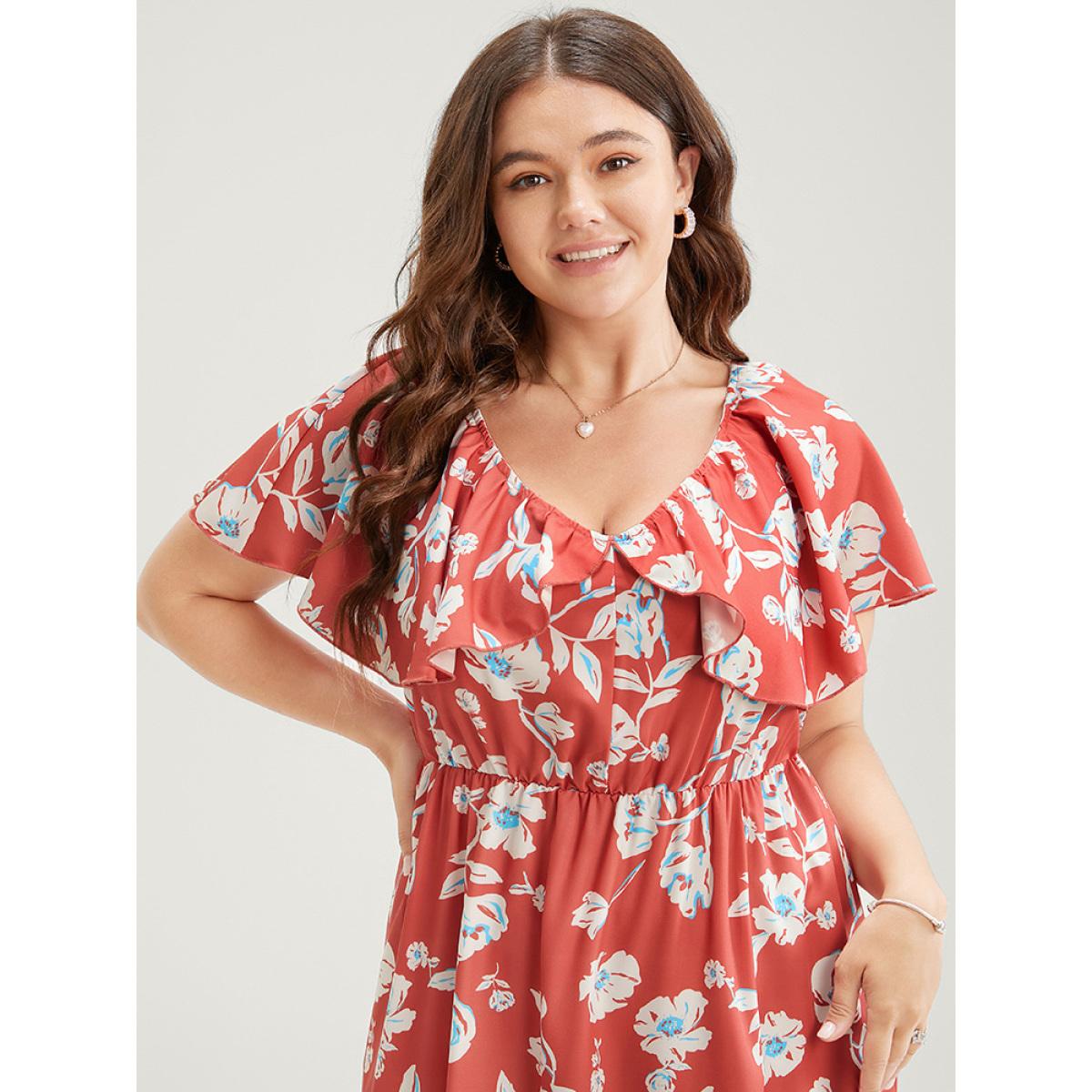 Plus Size Floral Printed Ruffle Trim Pocket V Neck Split Hem Dress Coral Women Elegant Elastic Waist V-neck Sleeveless Curvy Midi Dress BloomChic 28/5X Product Image